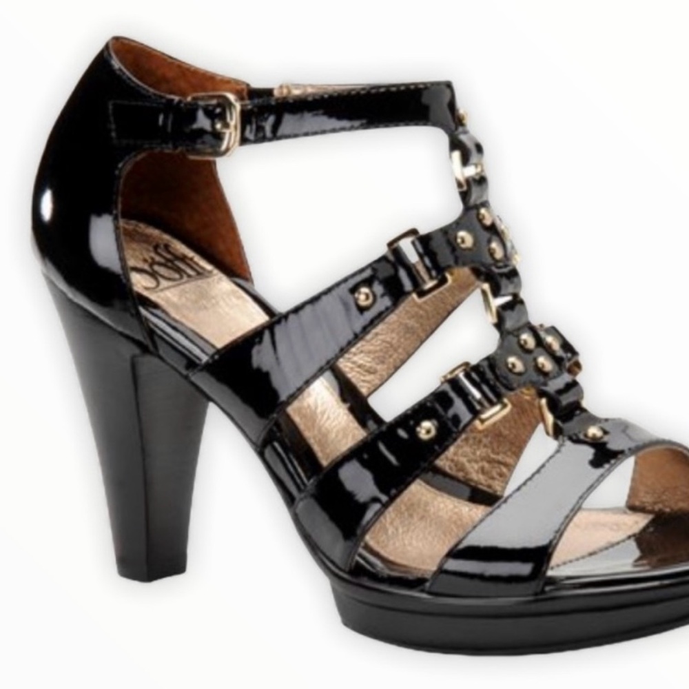 Sofft Rachelle NWOB Sandals 8W Black Patent‎ Gold Studded Caged Heels